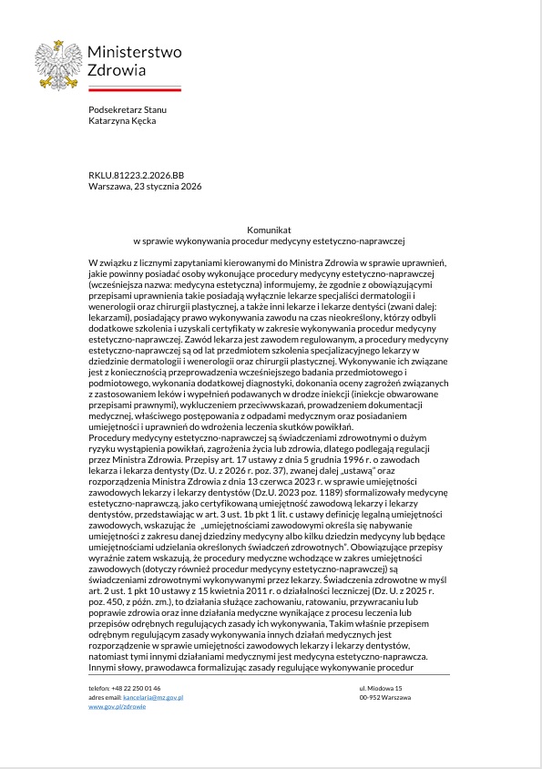 Komunikat w sprawie wykonywania procedur medycyny estetyczno-naprawczej, MZ, 01.2026