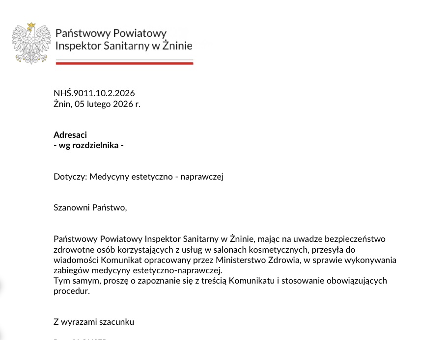Zawiadomienie Sanepid w sprawie komunikatu MZ medycyna estetyczno-naprawcza